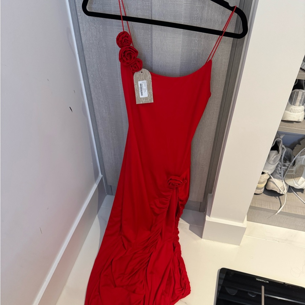 Elegant Red Dress with Floral Accents